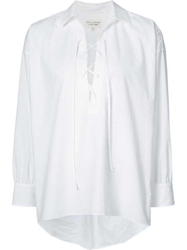 Nili Lotan - Longsleeve Lace-up Top - Women - Cotton - S, Women's, White, Cotton