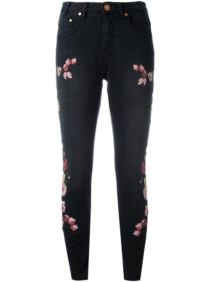 One Teaspoon Birds Of Paradise Embroidered Cropped Jeans, Women's, Size: 28, Black, Cotton/spandex/elastane