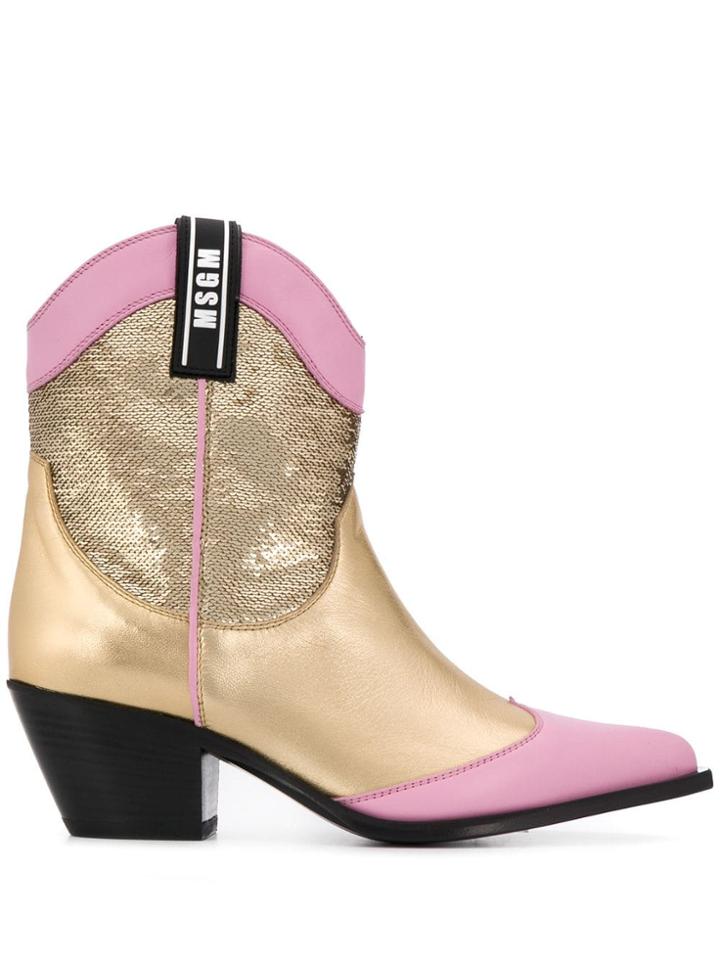 Msgm Sequinned Cowboy Boots - Gold