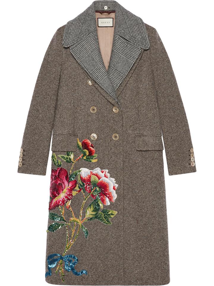 Gucci Sequin Embroidered Wool Coat - Brown