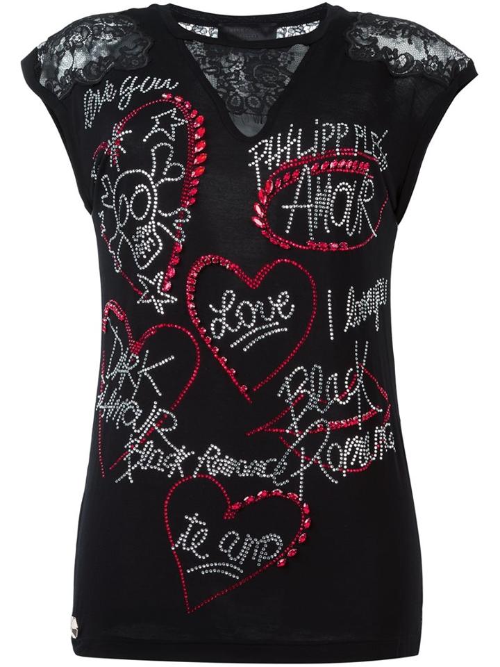 Philipp Plein 'live Love Life' T-shirt, Women's, Size: Xs, Black, Viscose/cotton/polyamide/aluminium