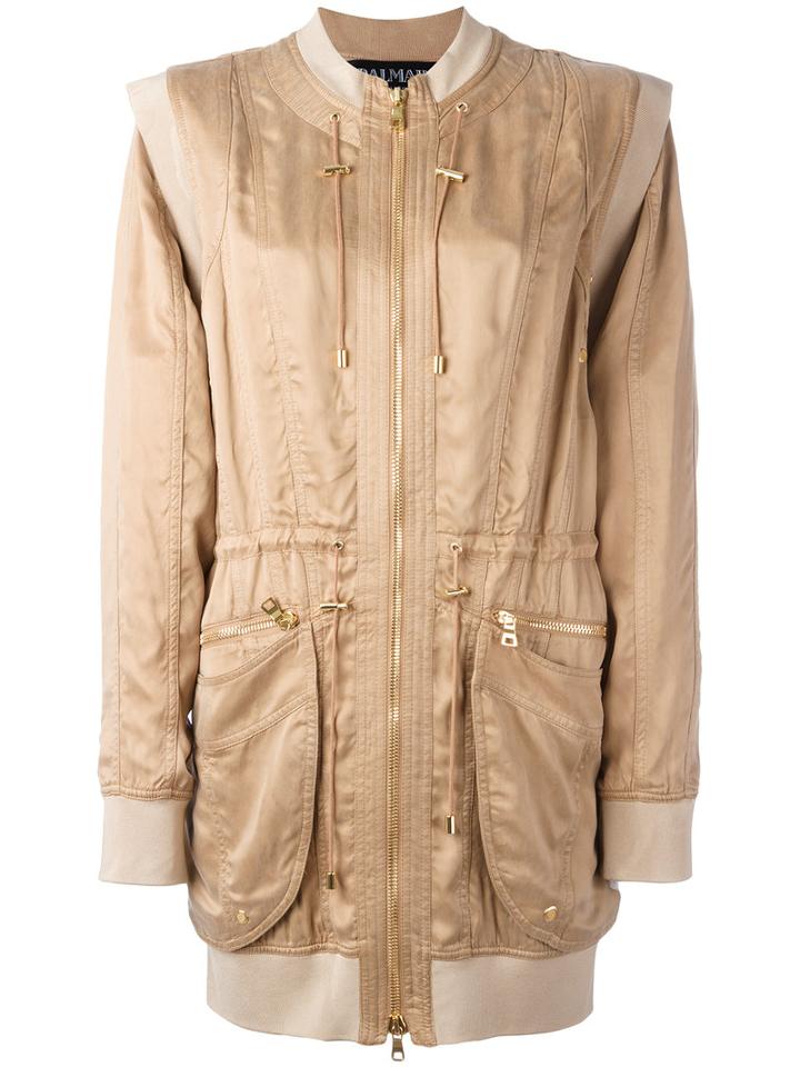 Balmain Collarless Bomber Style Coat, Women's, Size: 38, Brown, Cotton/polyamide/spandex/elastane/viscose