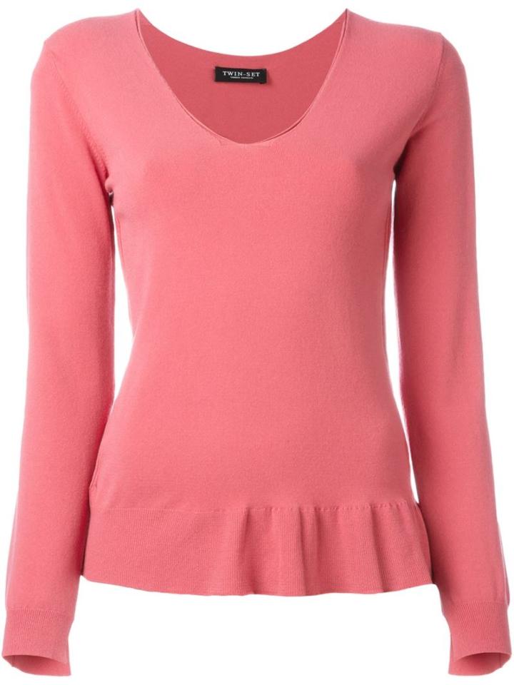 Twin-set Ruffled Hem Knitted Blouse, Women's, Size: Medium, Pink/purple, Viscose/polyester