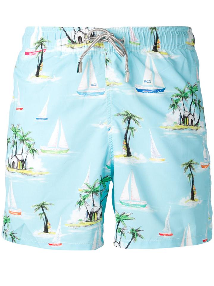 Mc2 Saint Barth - Beach Print Swim Shorts - Men - Polyamide/polyester/spandex/elastane - Xl, Blue, Polyamide/polyester/spandex/elastane