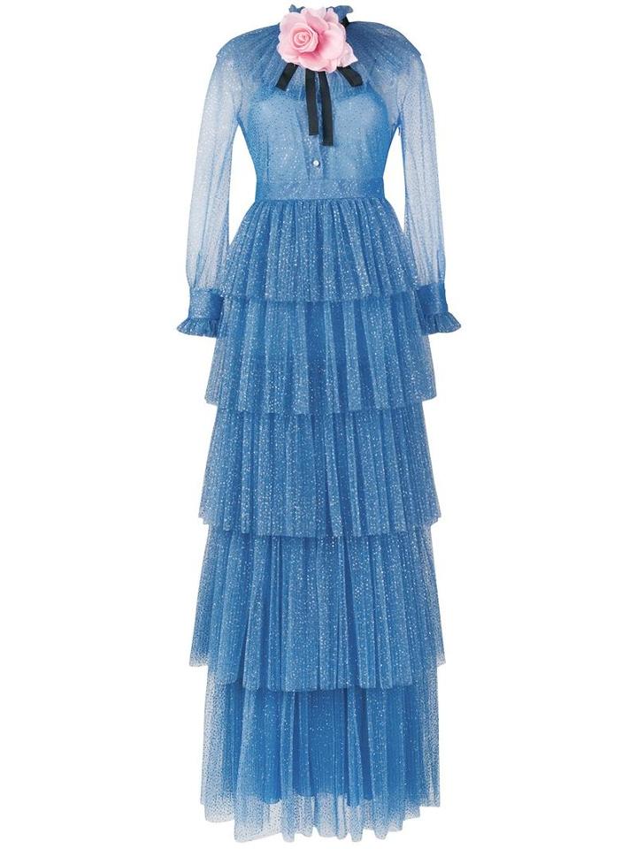 Gucci Tiered Tulle Gown, Women's, Size: 44, Blue, Polyamide/polyester/silk/spandex/elastane