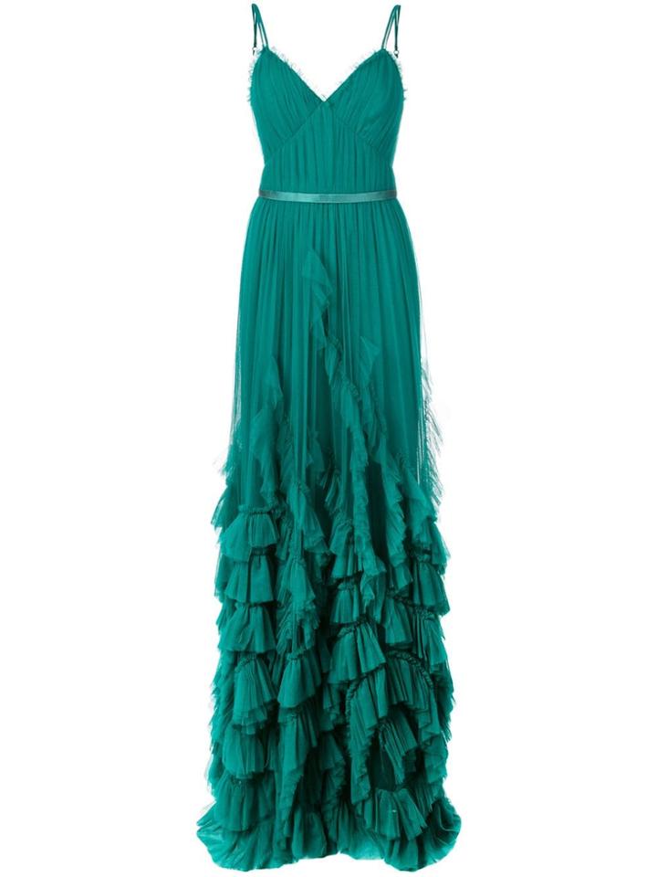 Marchesa Notte Ruched Frill Gown - Green