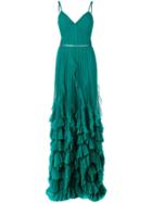 Marchesa Notte Ruched Frill Gown - Green