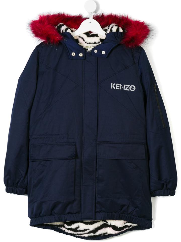 Kenzo Kids Faux Fur Trim Hood Parka - Blue