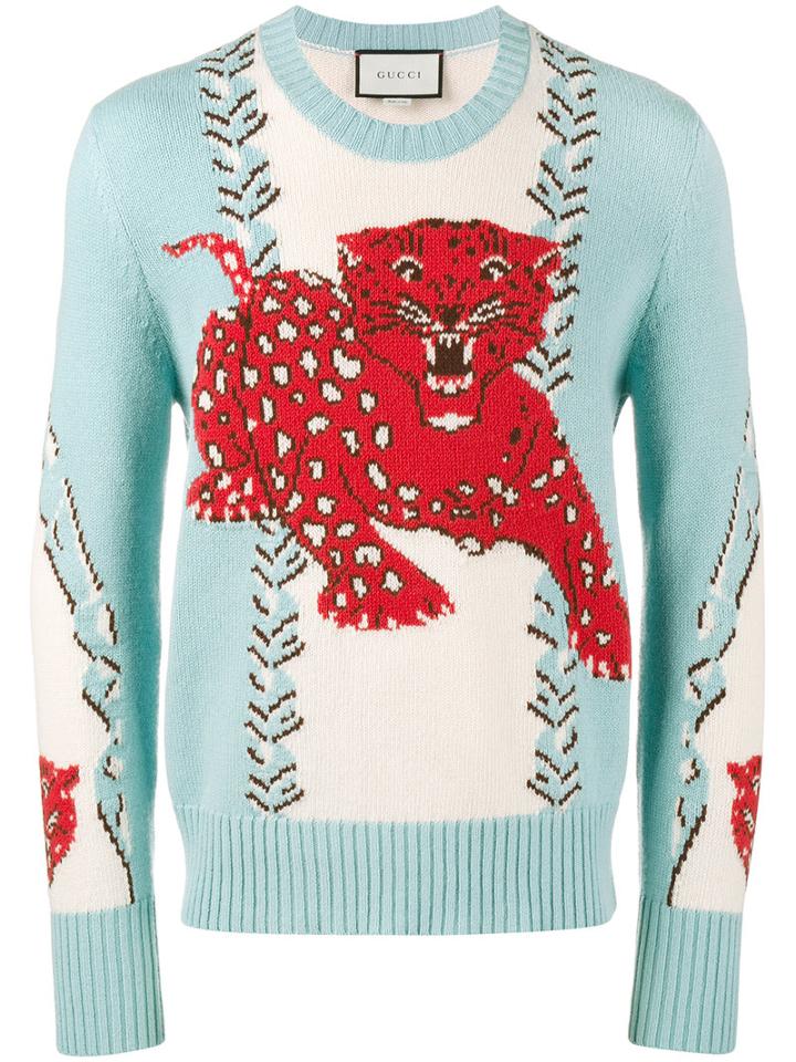 Gucci - Leopard Intarsia Sweater - Men - Wool - Xl, Blue, Wool