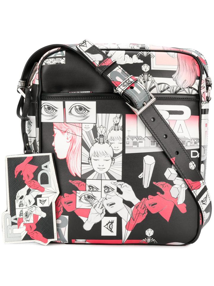 Prada Cartoon Printed Shoulder Bag - Black