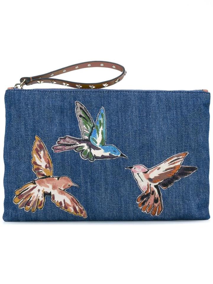 Red Valentino Embroidered Bird Denim Clutch, Women's, Blue, Cotton/leather