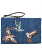Red Valentino Embroidered Bird Denim Clutch, Women's, Blue, Cotton/leather