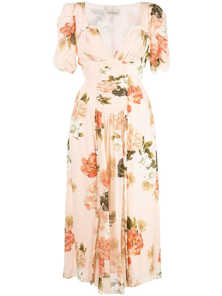 Nicholas Floral Flared Midi Dress - Pink