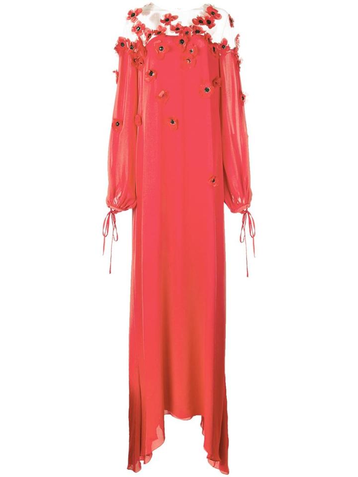 Oscar De La Renta Flower Appliqué Long Dress - Red