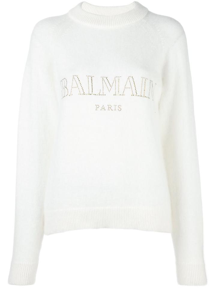 Balmain Studded Logo Jumper, Women's, Size: 36, White, Nylon/angora/wool/brass