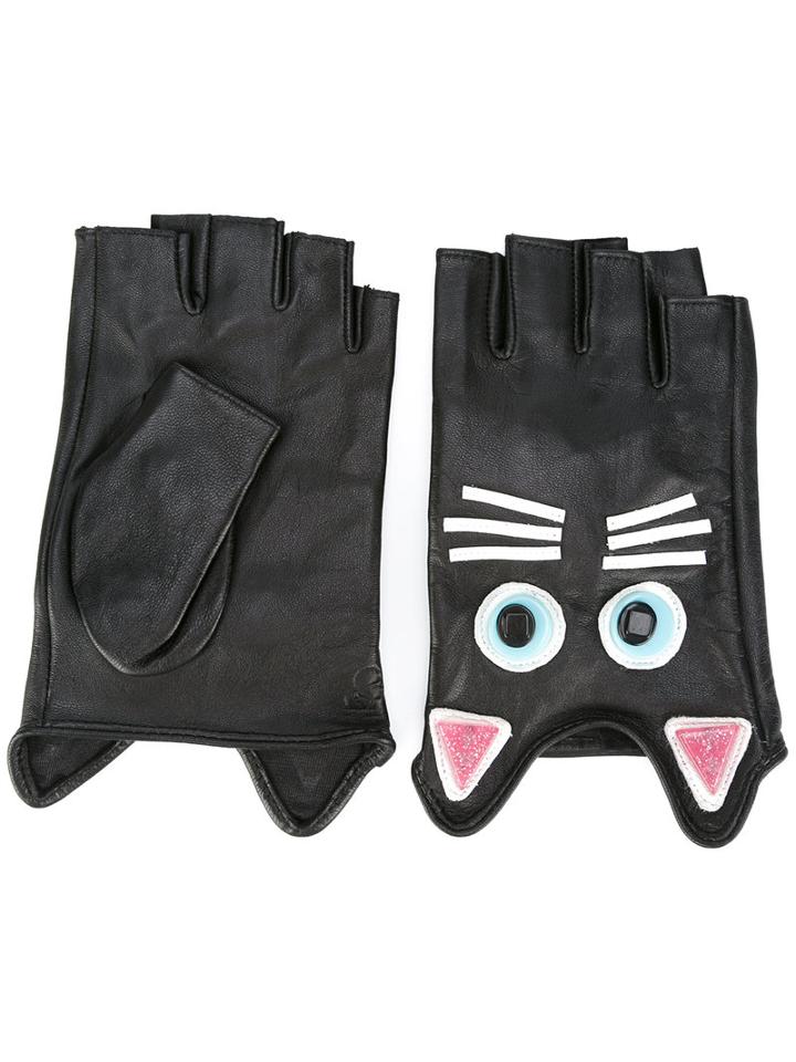 Karl Lagerfeld Cat Embroidered Gloves, Women's, Size: Small, Black, Goat Skin/viscose/acrylic
