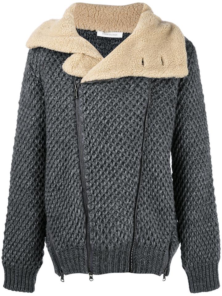 Pierre Balmain Shearling Collar Knit Jacket, Men's, Size: 52, Grey, Viscose/wool/alpaca/acrylic