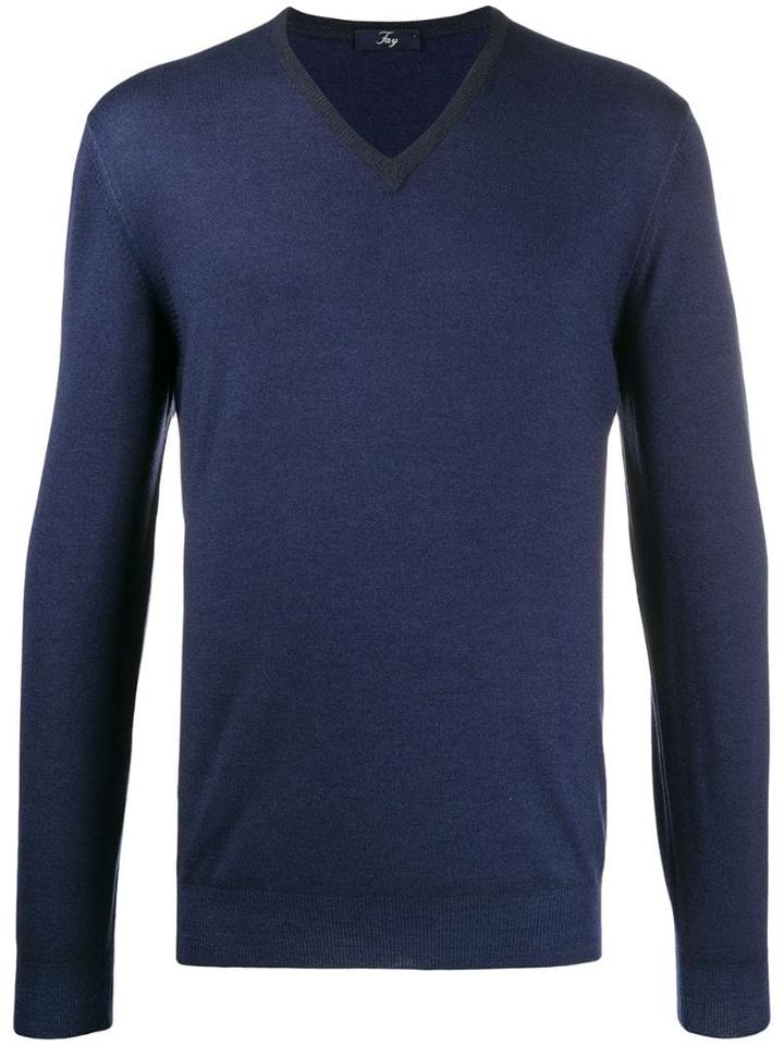 Fay V-neck Fine Knit Jumper - Blue