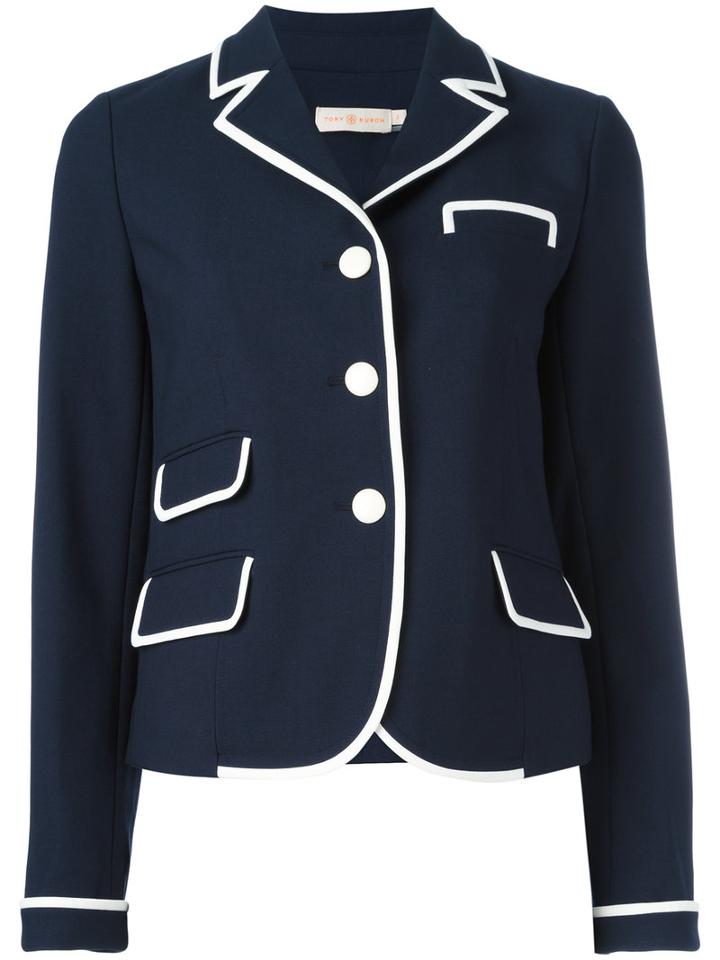 Tory Burch Contrast Trim Blazer, Women's, Size: 2, Blue, Polyester/viscose/spandex/elastane