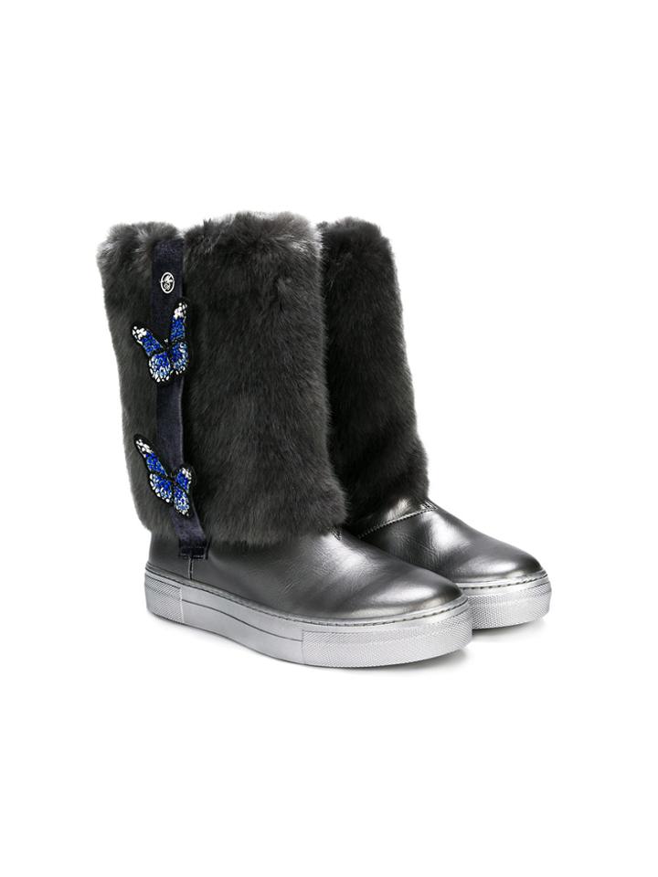 Miss Blumarine Teen Butterfly Detail Faux Fur Boots - Grey