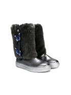 Miss Blumarine Teen Butterfly Detail Faux Fur Boots - Grey
