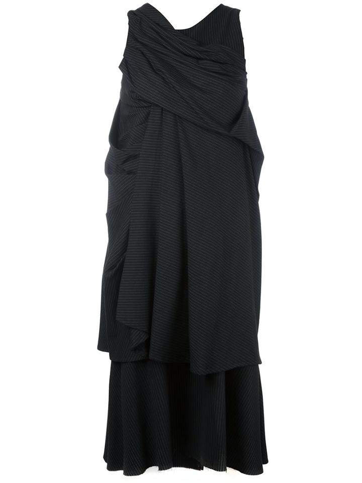 A Tentative Atelier Pinstriped Draped Layered Dress, Women's, Size: Small, Black, Polyurethane/wool