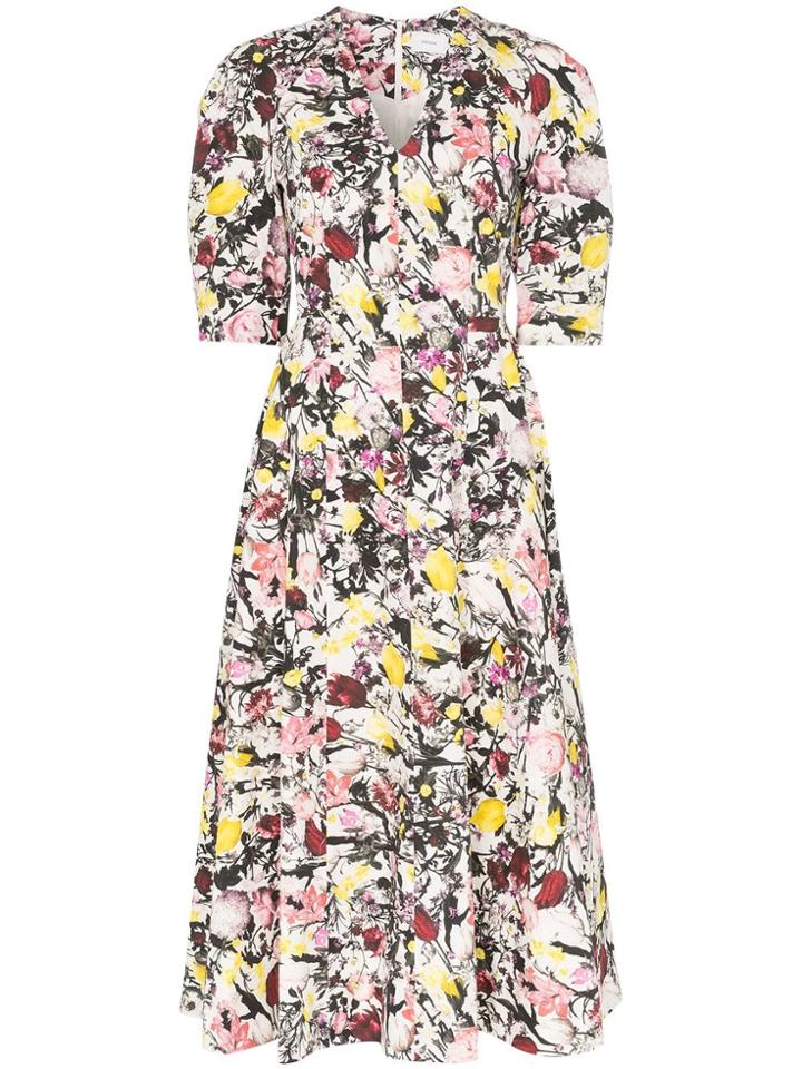 Erdem Cassida Floral Print Puff Sleeve Cotton Midi Dress - White/pink