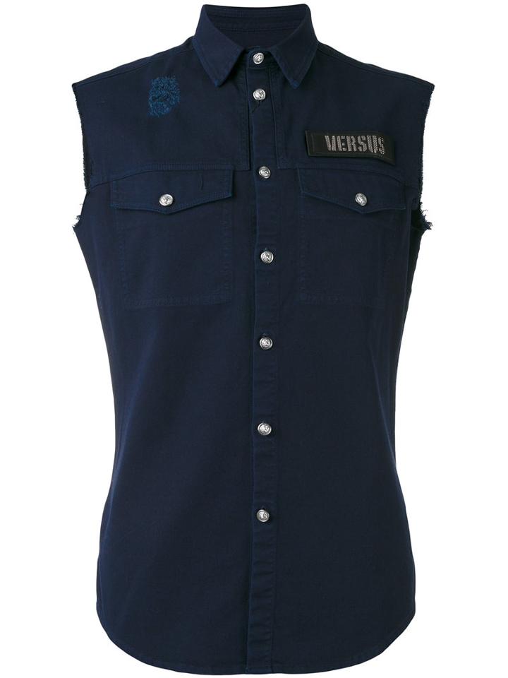 Versus Logo Patch Shirt, Men's, Size: 48, Blue, Cotton/spandex/elastane