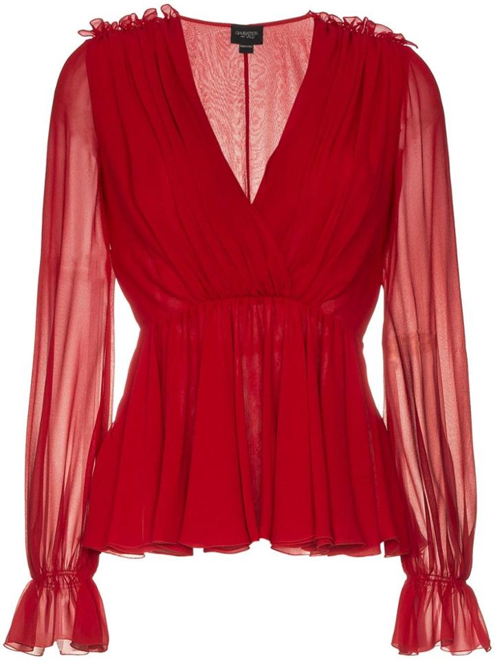 Giambattista Valli V-neck Long Sleeve Silk Top - Red