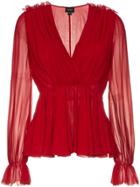 Giambattista Valli V-neck Long Sleeve Silk Top - Red