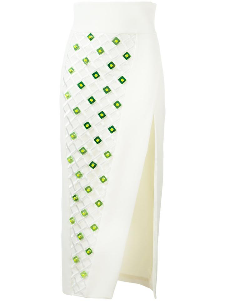 David Koma Embellished Side Slit Skirt, Women's, Size: 8, White, Acetate/viscose/spandex/elastane/lyocell