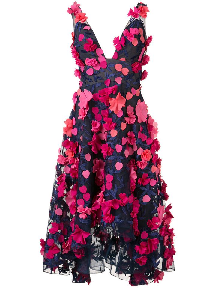 Marchesa Notte - Floral Applique V-neck Dress - Women - Polyester - 6, Women's, Blue, Polyester