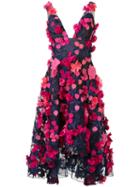 Marchesa Notte - Floral Applique V-neck Dress - Women - Polyester - 6, Women's, Blue, Polyester