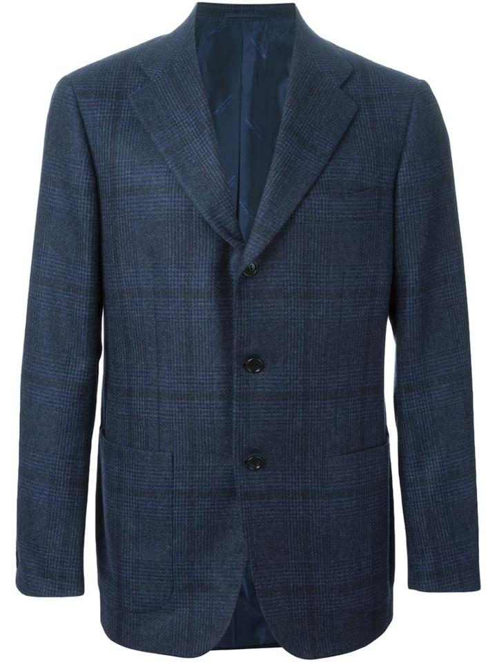 Kiton Checked Blazer, Men's, Size: 58, Blue, Silk/cashmere