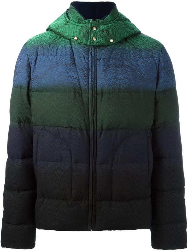 Missoni Striped Hooded Puffer Jacket, Men's, Size: Large, Green, Feather Down/nylon/polyester