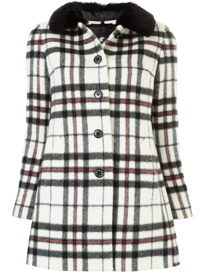 Loveless Checked Flared Fur Collar Coat - White