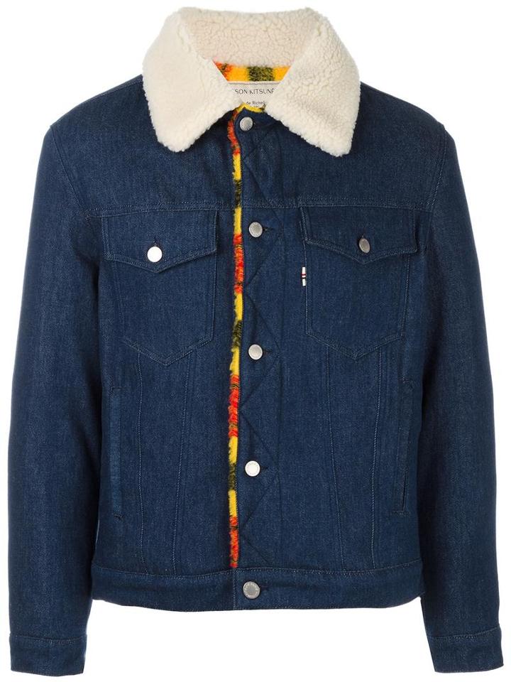 Maison Kitsuné Fur Collar Denim Jacket, Men's, Size: Large, Blue, Cotton/polyester/acrylic/viscose