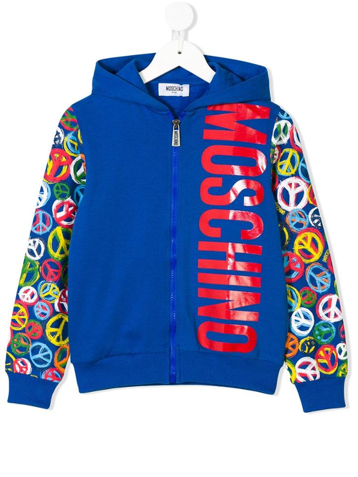 Moschino Kids Teen Peace Logo Print Hoodie - Blue