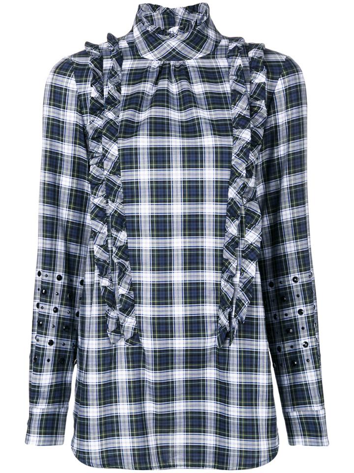No21 Ruffle Detail Embellished Plaid Shirt - Blue