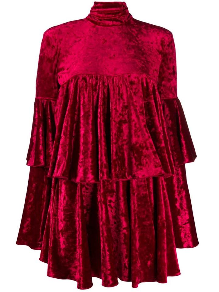 Sara Battaglia Ruffled Velvet Dress - Red