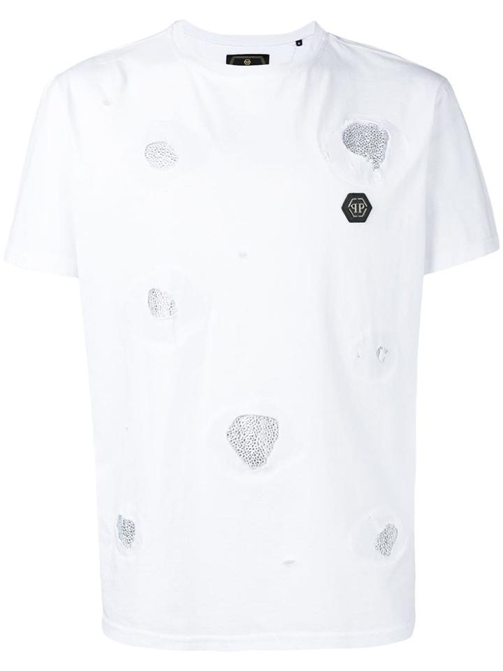 Philipp Plein Crystal-embellished Distressed T-shirt - White