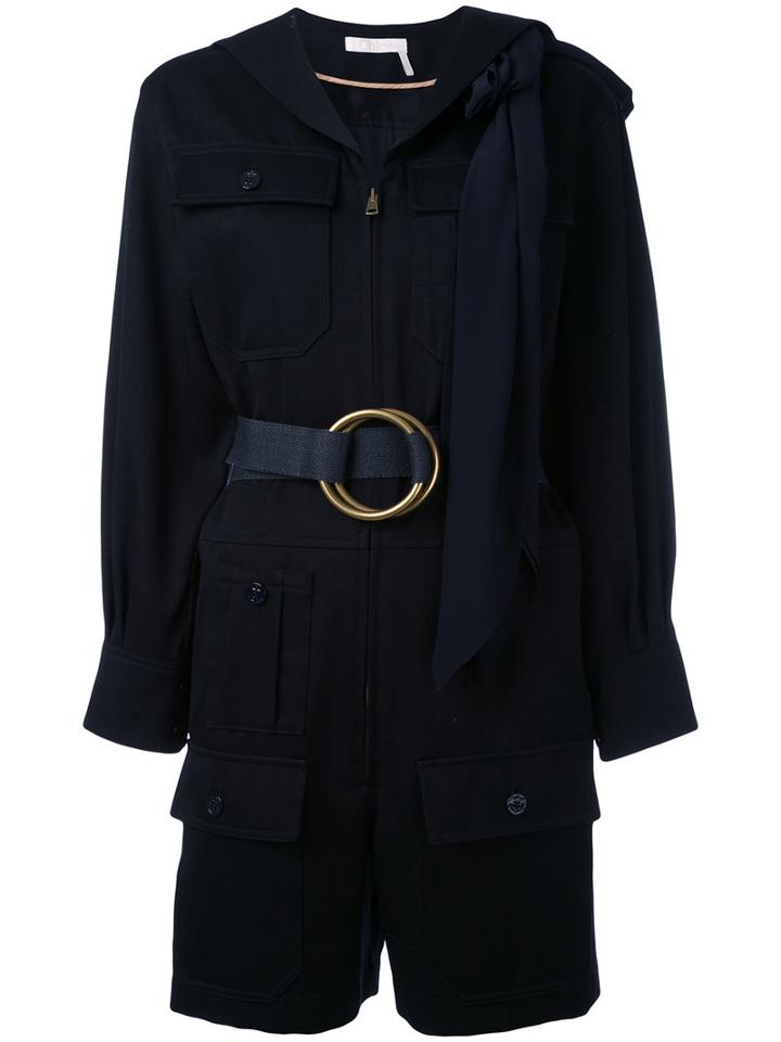 Chloé - Belted Pocket Playsuit - Women - Silk/cotton/brass/virgin Wool - 34, Blue, Silk/cotton/brass/virgin Wool