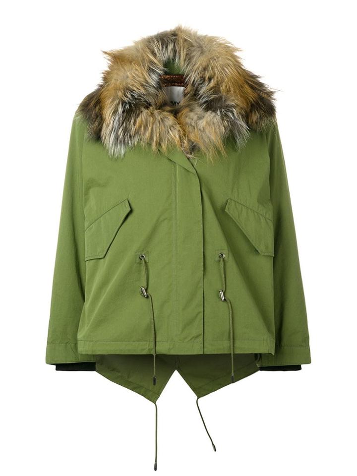 Yves Salomon Army Short Cotton Jacket With Fox Fur - Green
