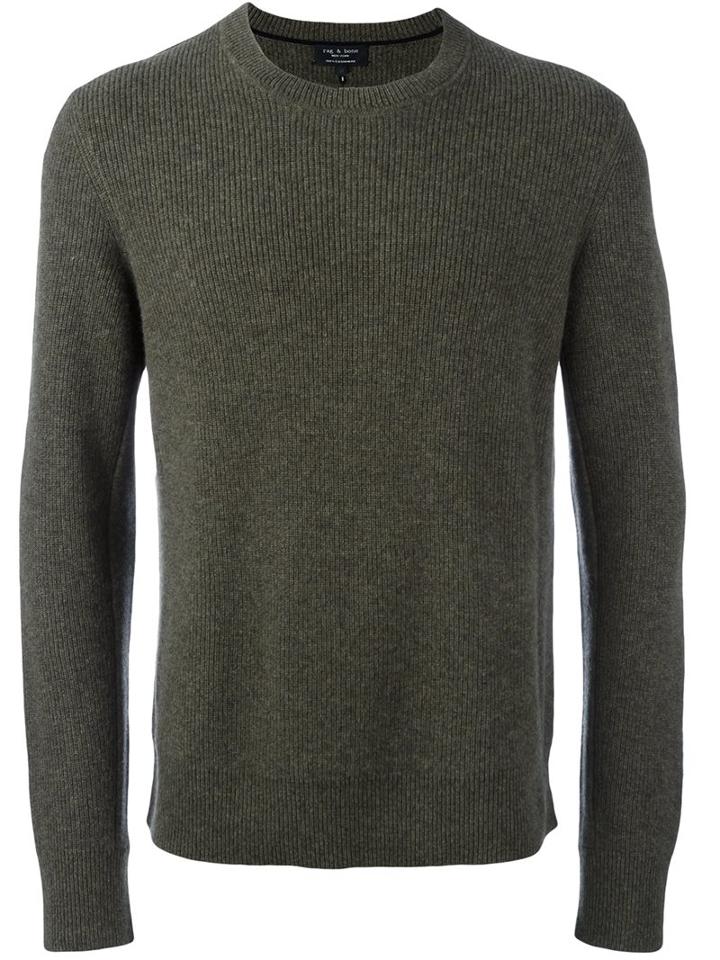Rag & Bone Ribbed Crew Neck Jumper, Men's, Size: Large, Green, Cashmere