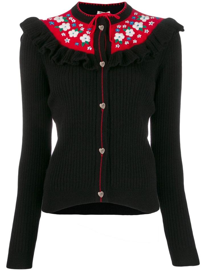 Miu Miu Floral Embroidered Collar Cardigan - Black