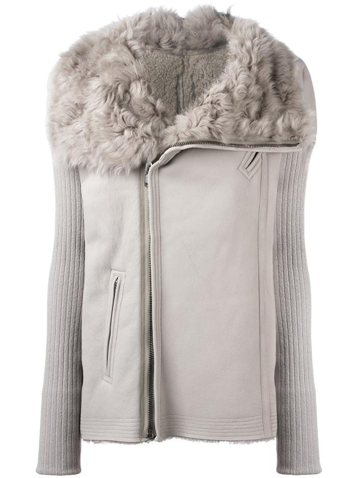 Rick Owens Shearling Collar Biker Jacket, Women's, Size: 42, Grey, Cotton/goat Skin/virgin Wool