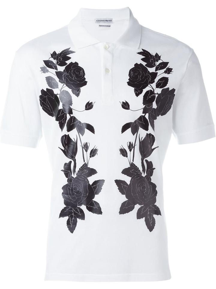 Alexander Mcqueen Rose Print Polo Shirt, Men's, Size: Small, White, Cotton