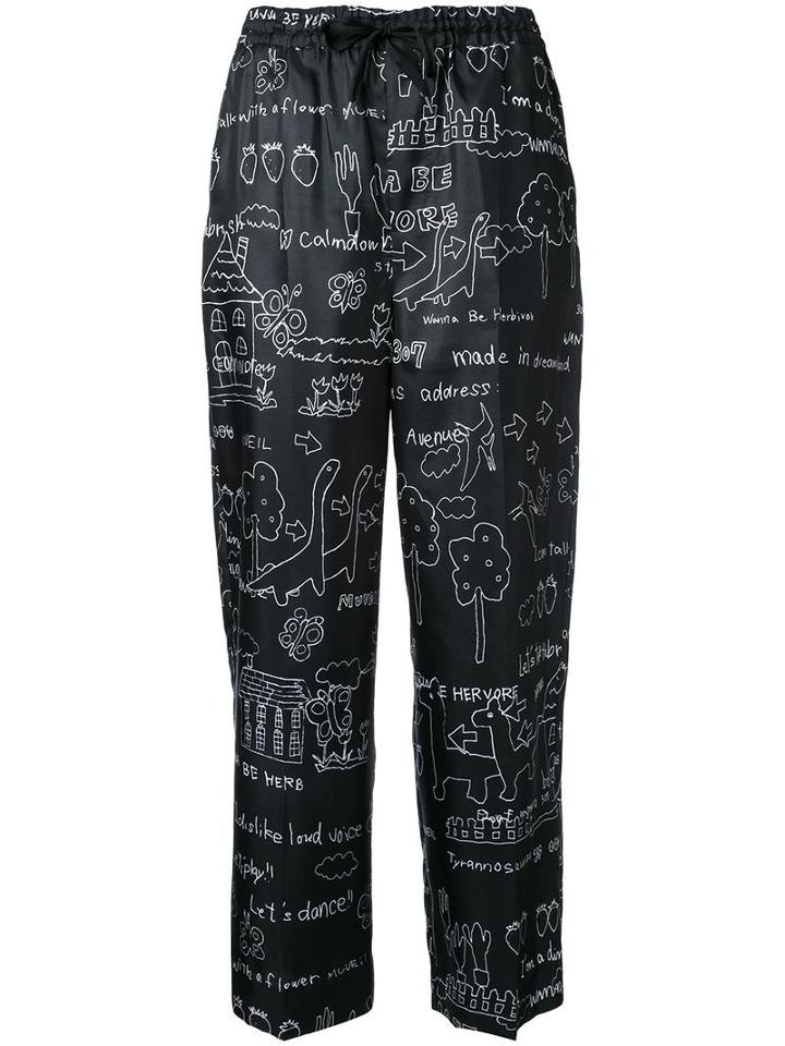 Muveil Illustration Print Drawstring Trousers, Women's, Size: 40, Black, Polyester