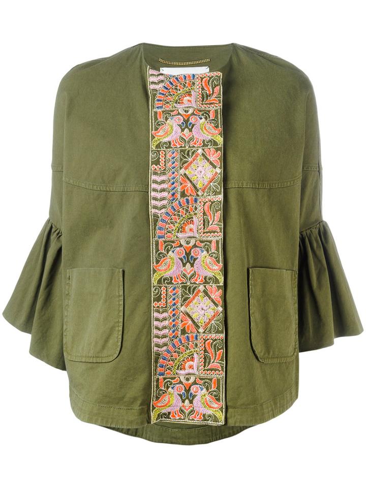 Bazar Deluxe - Embroidered Trumpet Sleeve Jacket - Women - Cotton/spandex/elastane - 40, Green, Cotton/spandex/elastane