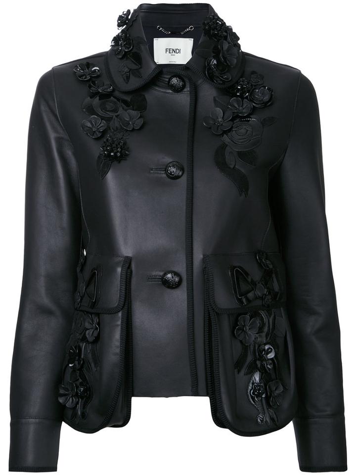 Fendi Floral Appliqué Jacket, Women's, Size: 40, Black, Lamb Nubuck Leather